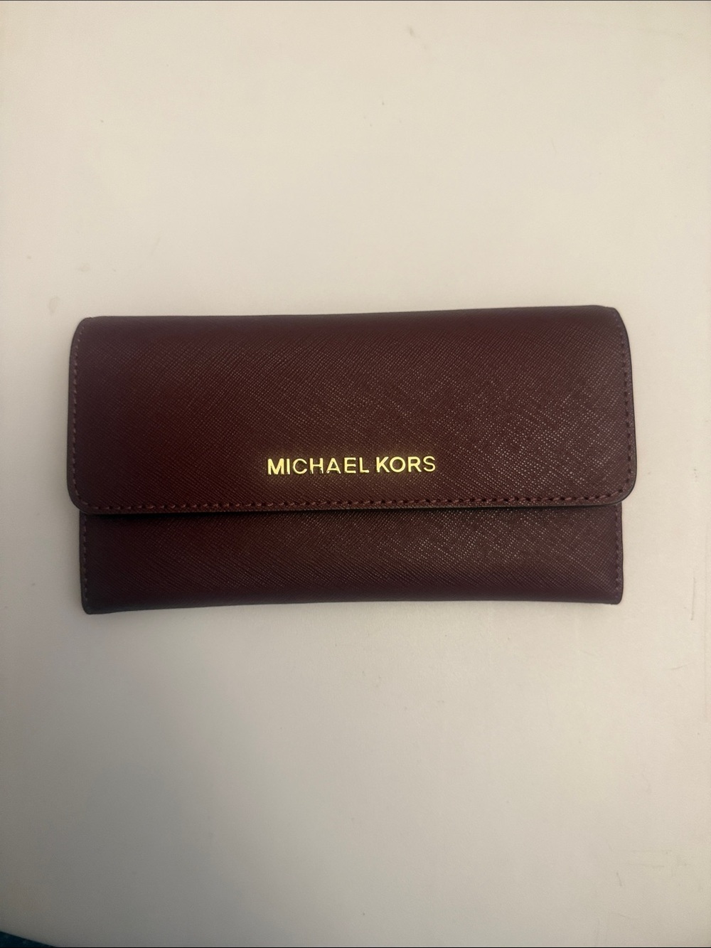 Michael Kors Maroon Saffiano Leather Clutch Wallet with Gold Logo
